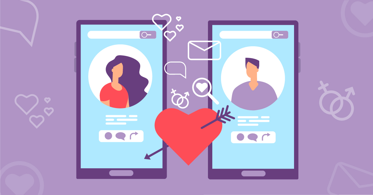 Animation of a male and a female dating profiles using dating features through their mobile phones to match