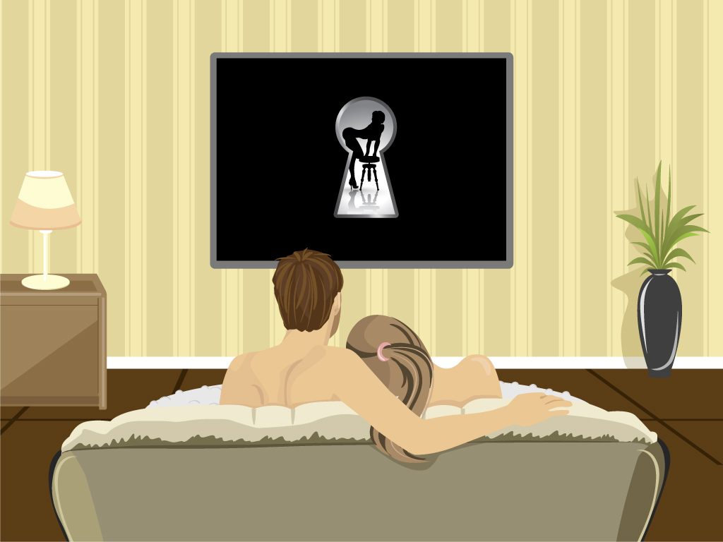 Man and woman in bed watching their TV screen, showing the silhouette of a woman bending over a chair through a keyhole.