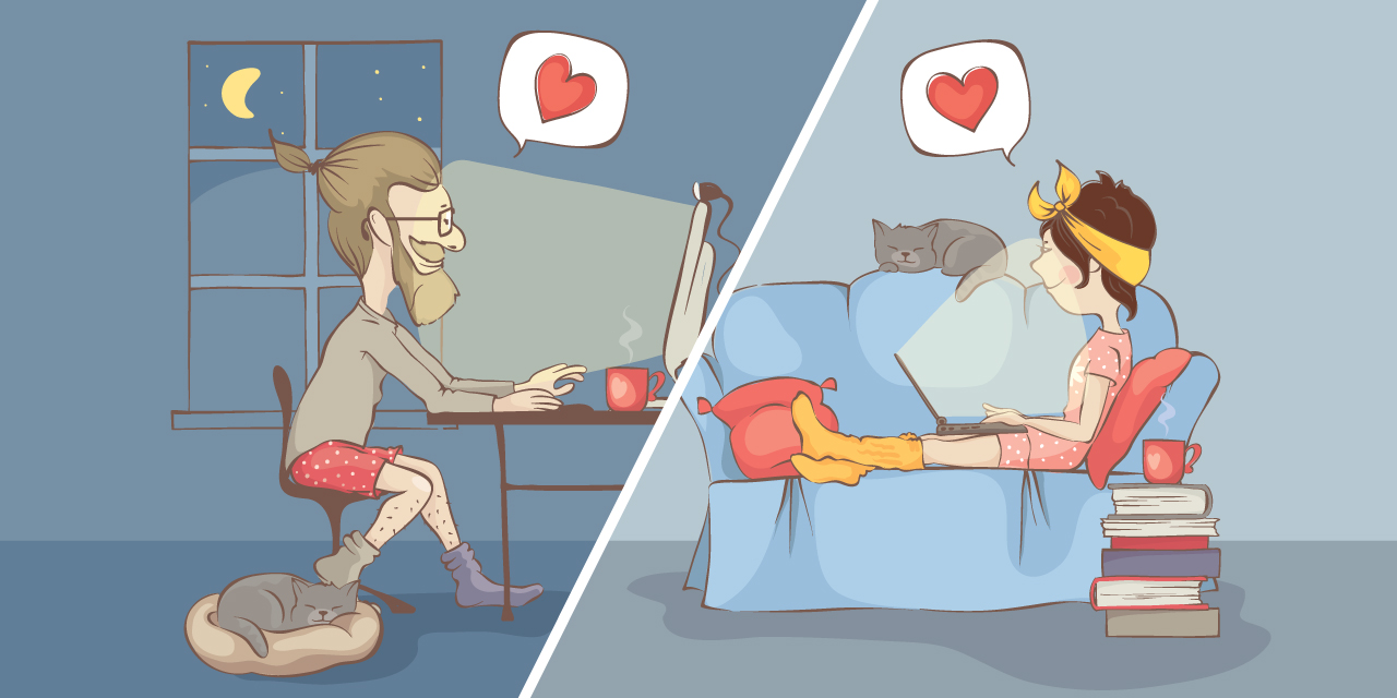 Animation of two people at home at nighttime, using their devices to find love online. Both have a pet cat laying near them