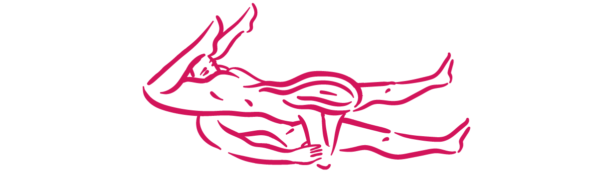 Pink outline of the naked body of a man and a woman with the woman lying on top of the man in the 69 position.