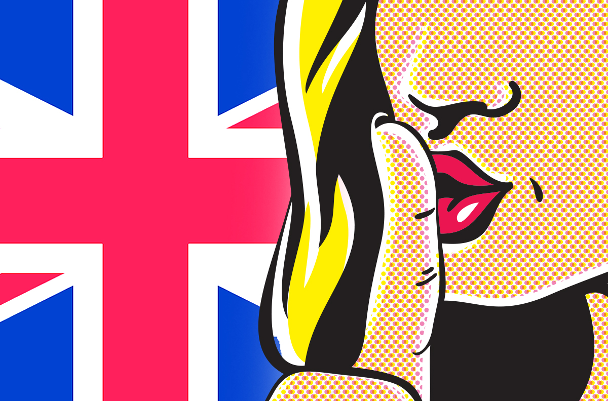 Blonde woman pressing her finger to her lips with UK Flag background.
