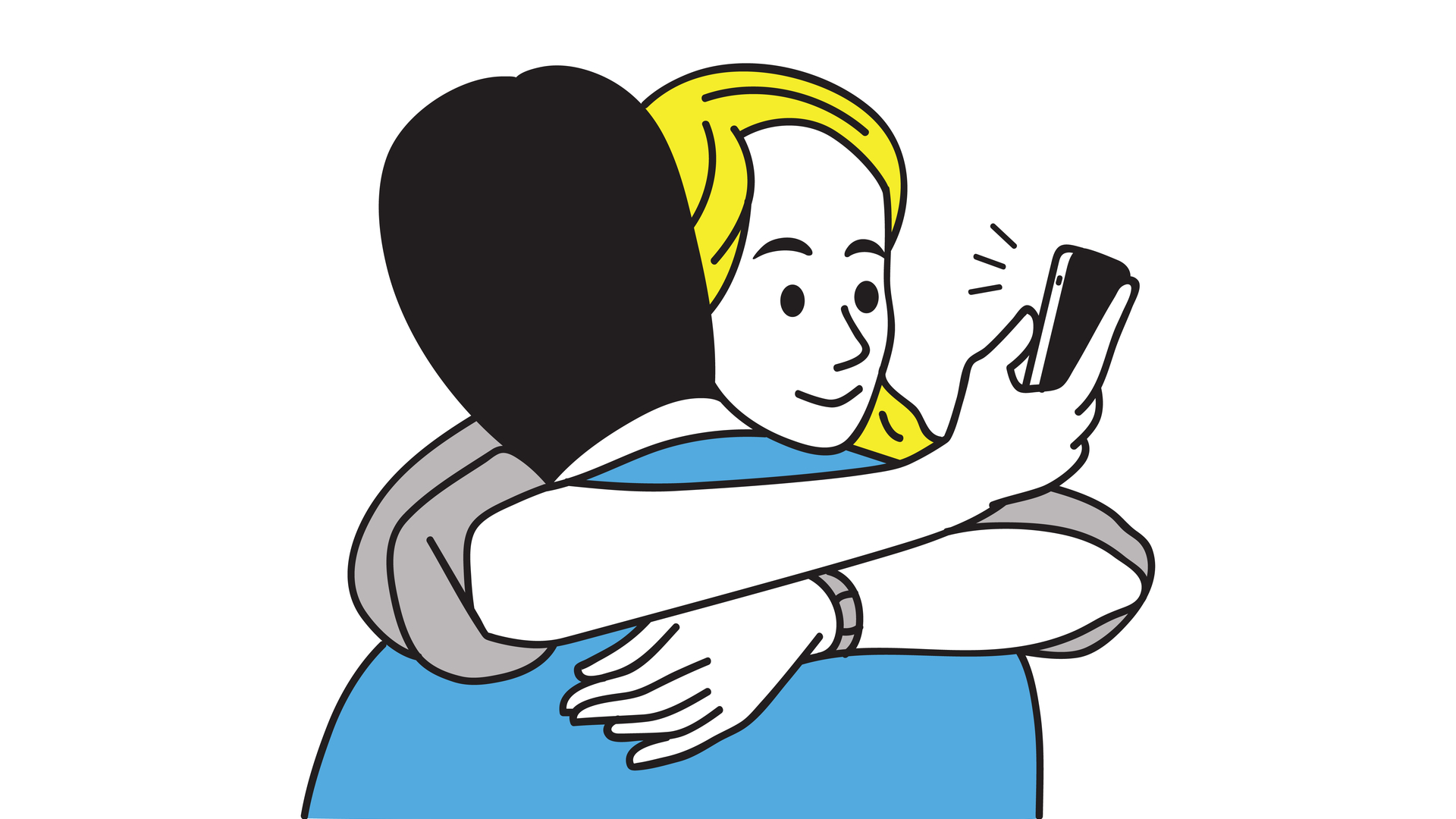 Blond woman with grey shirt looking at her phone while hugging man with black hair, wearing blue shirt.