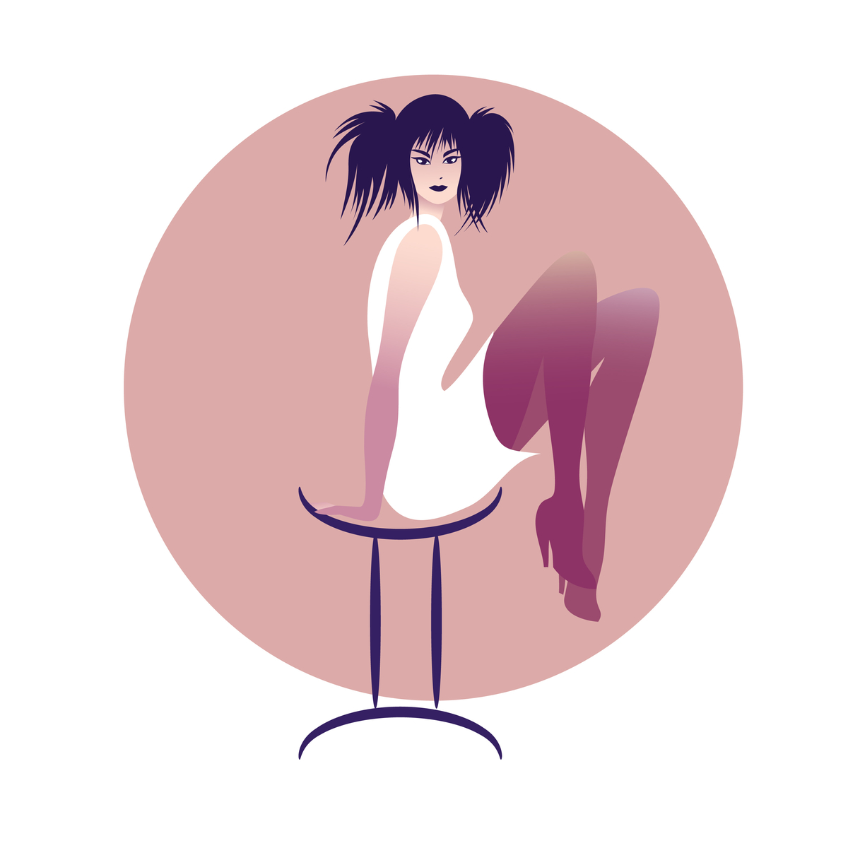 Woman with white dress, pink stockings and pigtails sitting on the Gemini Zodiac Sign.