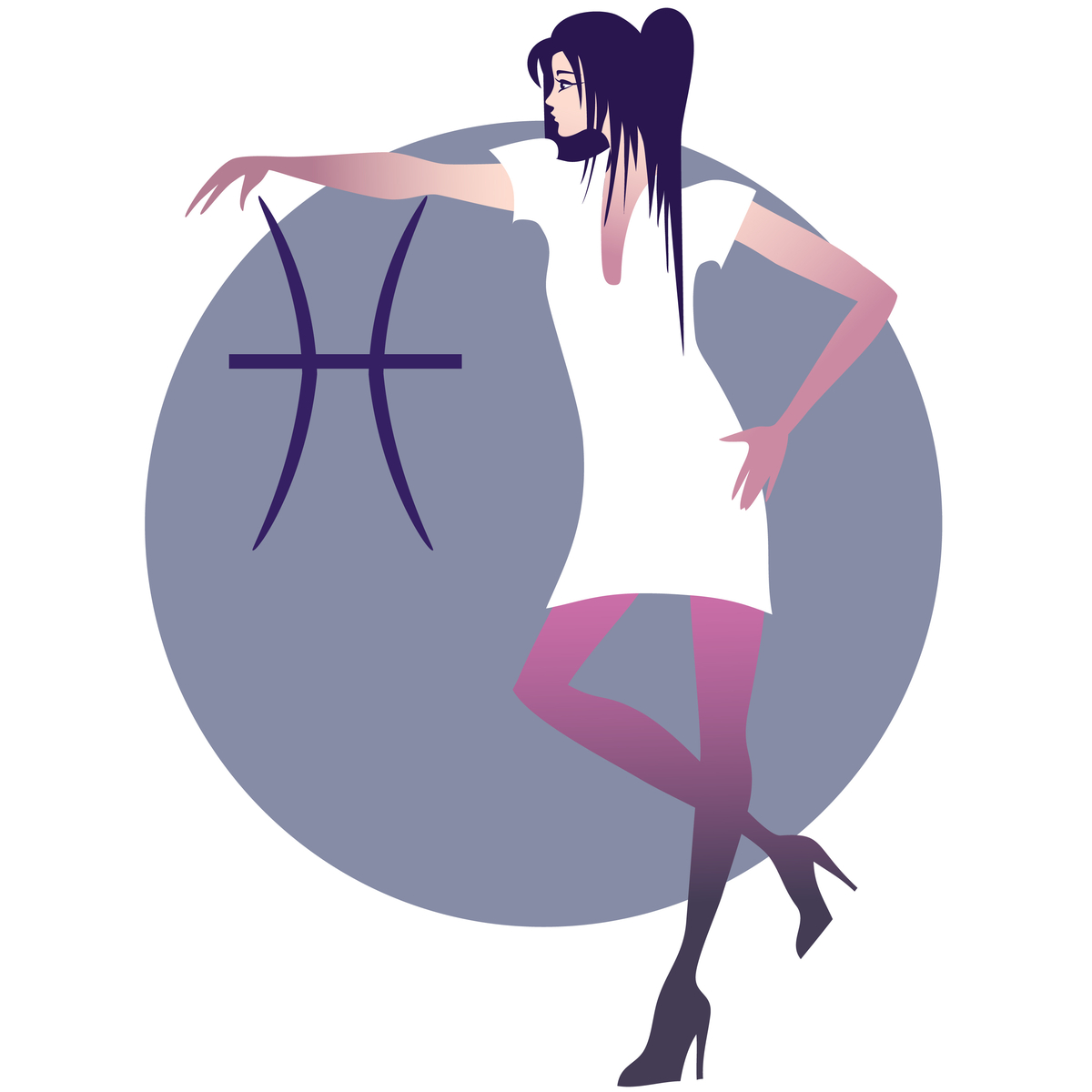 Woman with white dress and purple stockings standing with her hand on the Pisces Zodiac Sign next to her.